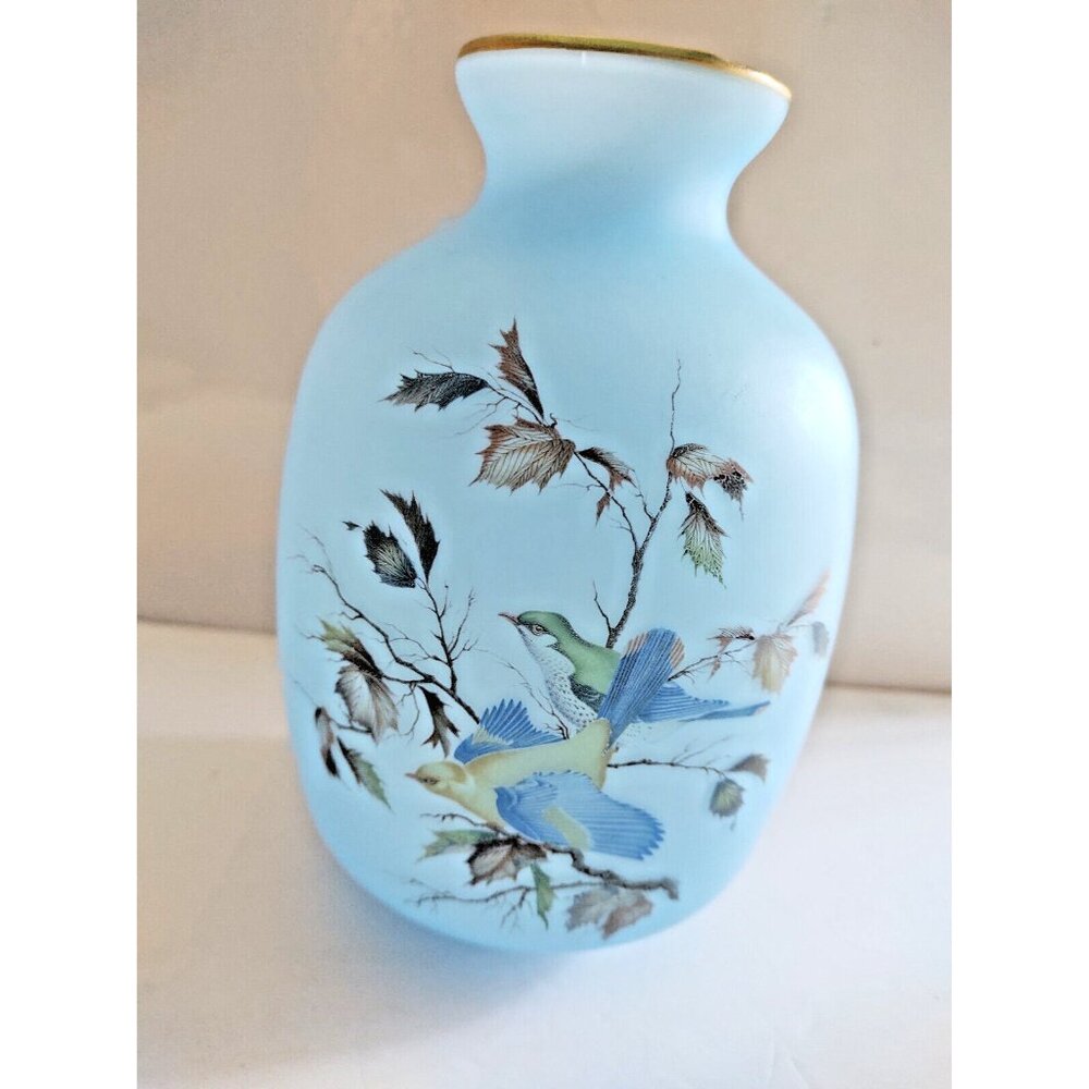 Vintage Blue Satin Glass Hand Painted Birds Vase Japan 7 1/2"